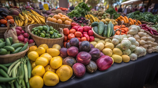 An inviting farmer's market display of vibrant, organic, and plant-based produce, a variety of fresh fruits and vegetables arranged artfully, showcasing the beauty and appeal of vegan ingredients