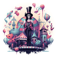 A spooky carnival with a pastel gothic ringmaster, featuring strange otherworldly attractions and creatures.
