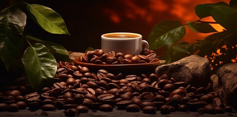 Obraz premium a cup of coffee beans and a leaf, in the style of dark brown