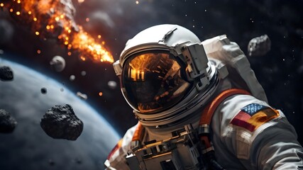 Astronaut flying on the space with asteroids background