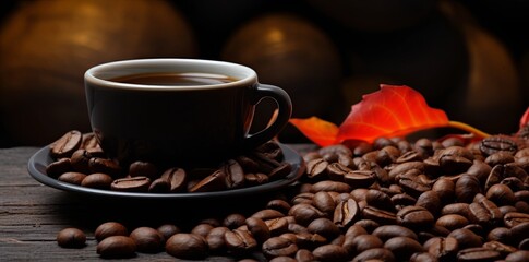 a cup of coffee beans and a leaf, in the style of dark brown