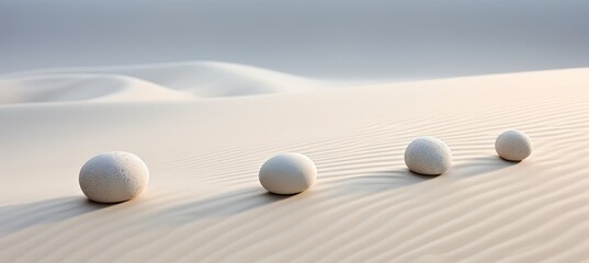 Tranquil zen stones on sand, balanced pebbles, serene meditation concept in natural setting