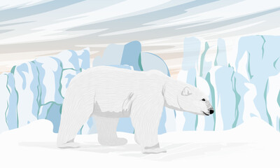 A polar bear walks along a Snow-covered plain with high ice cliffs. Arctic at dawn. Permafrost. Realistic vector landscape