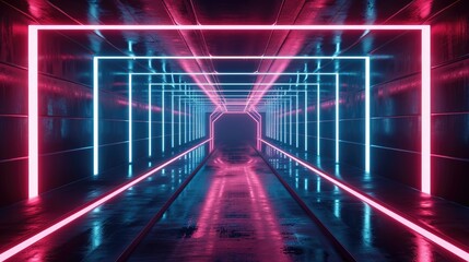 neon glowing lines in a dark tunnel technology background