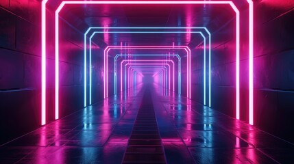 Fototapeta premium neon glowing lines in a dark tunnel technology background