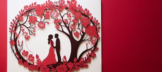 Paper art style card with man and woman in love surrounded by flowers and a blooming tree.