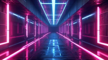 neon glowing lines in a dark tunnel technology background