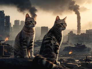 Two cats sitting in a warzone.