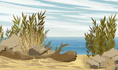 The shore of the sea or a large lake with bushes and a fallen tree. Realistic vector landscape