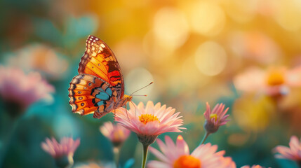 Butterflies on beautiful flowers, in the garden.