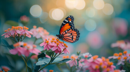 Fototapeta na wymiar Butterflies on beautiful flowers, in the garden.