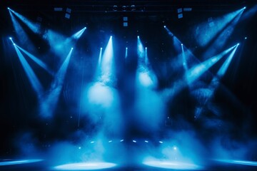 stage, blue smoke beam lights, dynamic blue vector spotlight, striking visual impact - obrazy, fototapety, plakaty