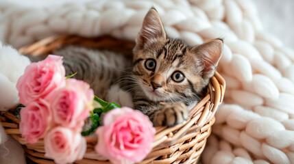 Kitten in a basket with roses. Selective focus.