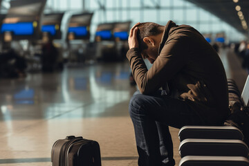 Stressed traveler at the airport. Man holds his head in his hands in despair while sitting at the airport. - obrazy, fototapety, plakaty