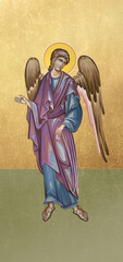 Traditional orthodox icon of Angel. Christian antique illustration on golden background in Byzantine style