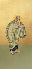 Traditional orthodox icon of Simeon the God-receiver. Christian antique illustration on golden background in Byzantine style