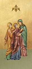 Fototapeta na wymiar Traditional orthodox icon of Madonna. Holy God's mother and two saints. Christian antique illustration on golden background in Byzantine style