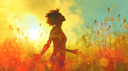 Young black ethnicity woman, looking at the sky and run across the meadow. Illustration. Concept a celebration of general health. - obrazy, fototapety, plakaty