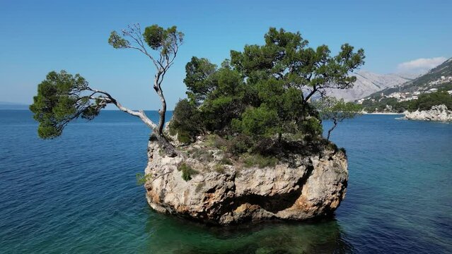 The symbol of Brela, The Brela Stone. This rock in the sea, overgrown with pines, shows the strength and power of survival and growth from the stone itself. Natural beauty.