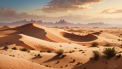 Fototapeta na wymiar Expedition into the Desert's Canvas, Where Golden Sands and Towering Dunes Paint a Picturesque Landscape. From the Arid Heat of Day to the Fiery Sunset, Traverse 