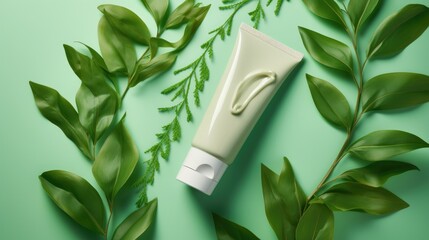 Concept of cosmetic with seaweed ingredient on green background. Tube of organic cosmetic with natural extracts marin algae. Green cosmetics, sustainable. Copy space