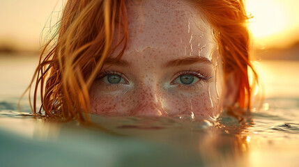 A woman with freckles and a smile is leisurely swimming in the liquid water of the ocean at sunset, enjoying the warm sunlight on her happy face while having fun in the ocean