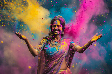 Holi concept - indian females wears sari, dances in splashes of holi colored powders - obrazy, fototapety, plakaty