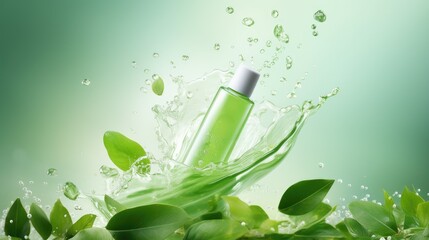 Bottle of cosmetic cream or body lotion skin care with seaweed ingredient on blue green background. Splash. Organic cosmetic with natural extracts marine algae. Green cosmetic, sustainable