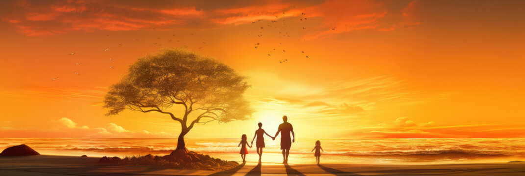 A Painting of a Family Holding Hands as the Sun Sets