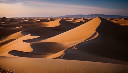 Tranquil Desert Landscape, Where Golden Sands Stretch Endlessly Underneath the Sun's Warm Embrace. Whether at Sunset, When the Sky is Painted in Hues of Orange and Pink