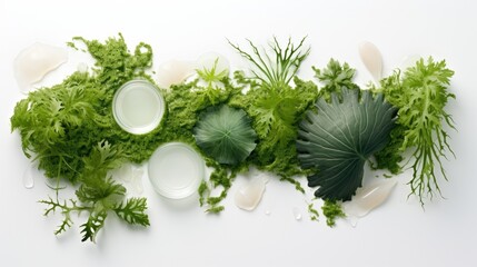 Organic cosmetic and beauty product for body and face care with marin algae. Jar of face or body cream and marin algae. Trendy sea algae cosmetics and seaweed