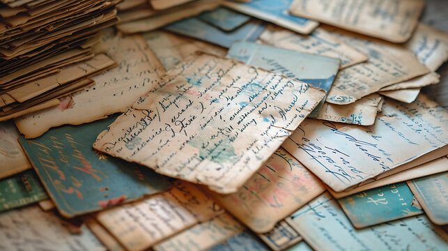 A collection of vintage postcards with faded handwritten messages of love, stacked together to tell tales from different eras