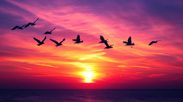landscape photography of birds on sunset