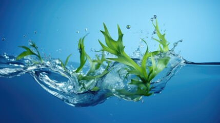 Naklejka na ściany i meble Splash of seaweed. Concept of cosmetic with seaweed ingredient. Organic cosmetic with natural extracts marin algae. Green cosmetics, sustainable