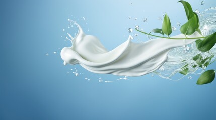 Splash of cosmetic cream skincare and green leaves on a light blue background. The concept of green cosmetics, organic natural facial cream, cosmetics with marin algae seaweed  and beauty industry