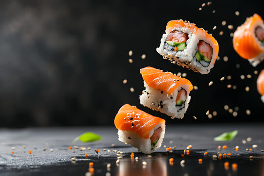 Sushikunst in Perfektion: Ein verlockendes Bild von frischem Sushi, ideal für Liebhaber japanischer Küche und kulinarische Illustrationen