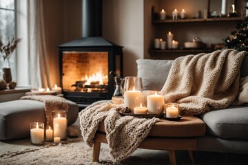 Beige chunky knit throw on grey sofa. Сoffee table with candles against fireplace. Scandinavian home interior design of modern living room. Warm and inviting winter atmosphere. 