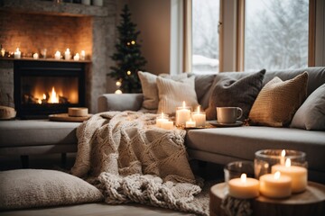 Fototapeta na wymiar Beige chunky knit throw on grey sofa. Сoffee table with candles against fireplace. Scandinavian home interior design of modern living room. Warm and inviting winter atmosphere. 