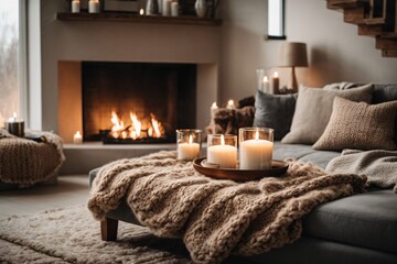 Beige chunky knit throw on grey sofa. Сoffee table with candles against fireplace. Scandinavian home interior design of modern living room. Warm and inviting winter atmosphere. 