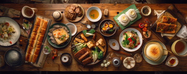 Assorted oriental traditional food. top view. panorama photo