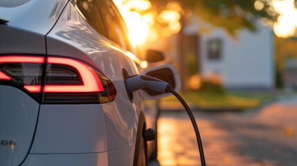 Close up of charging an electric car,Future of transportation.Electric car is changing on street parking.Electric car charging at station