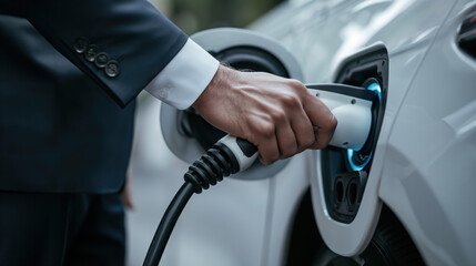 Young business man in suit  traveling by electric car at summer, having stop at charging station standing plugging cable