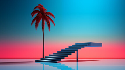 palm tree on a blue and red staircase, in the style of minimalist stage designs
