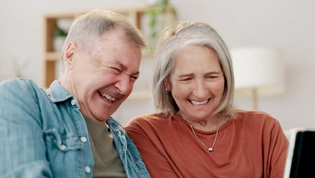 Senior couple, tablet and laughing for humor on social media, app and streaming comedy at home. Happy elderly people, technology and website or blog for online comic, bonding and love for funny joke
