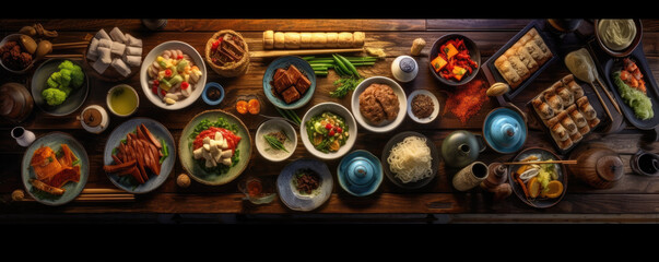 Assorted oriental traditional food. top view. panorama photo - Powered by Adobe