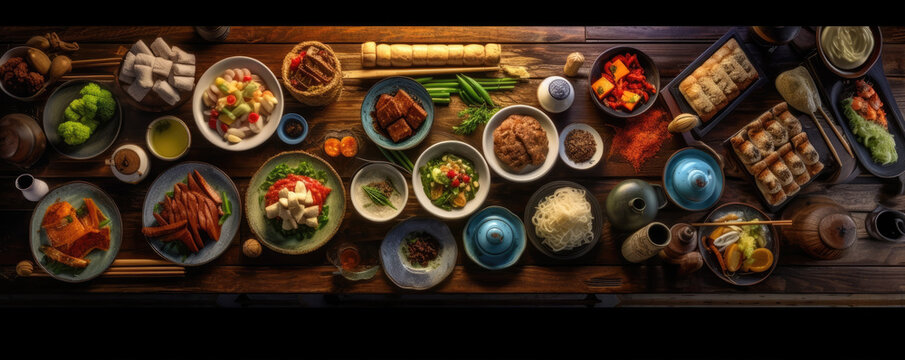 Assorted oriental traditional food. top view. panorama photo