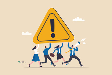 Attention message announcement, important communication or advertisement, beware warning, careful symbol or urgent notification concept, business people carrying attention sign with loud speaker. - obrazy, fototapety, plakaty