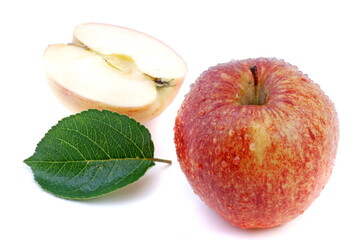 Red apple with green leaf on white background. - 717713941