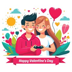 lovely couple holding a gamepad, happy valentine's day, gamer couple valentine clipart, flat style vector illustration 