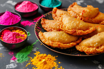 Holi concept - traditional food qujiyas and holi colored powders
